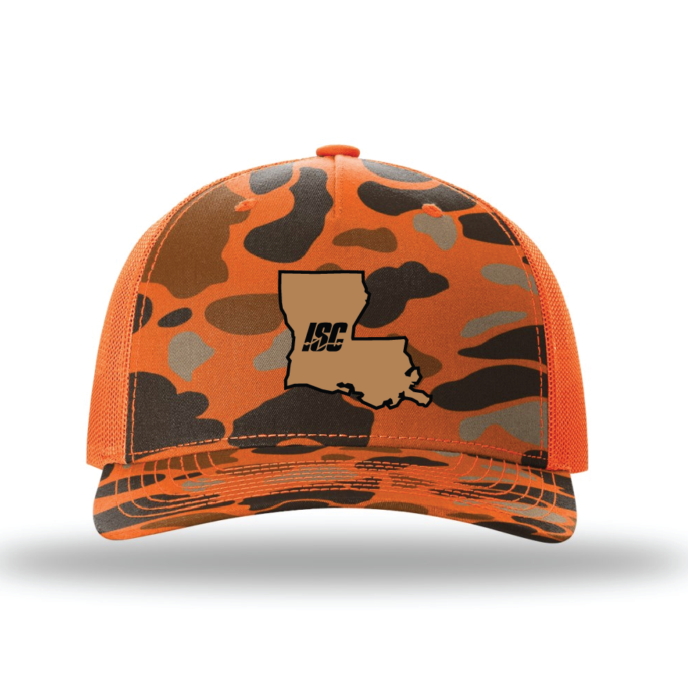 Printed Five Panel Trucker - Blaze Duck Camo/Blaze Orange - State Patch